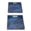 Decorative Serving Tray Set of 2- Cutout Handles- Blue Gold Faux Marble