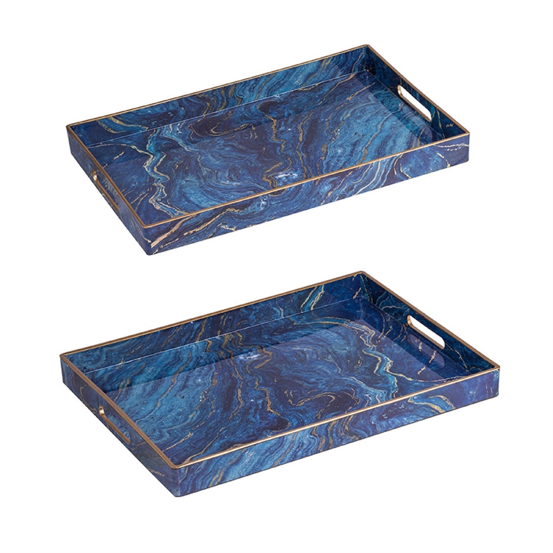 Decorative Serving Tray Set of 2- Cutout Handles- Blue Gold Faux Marble