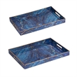 Decorative Serving Tray Set of 2- Cutout Handles- Blue Gold Faux Marble