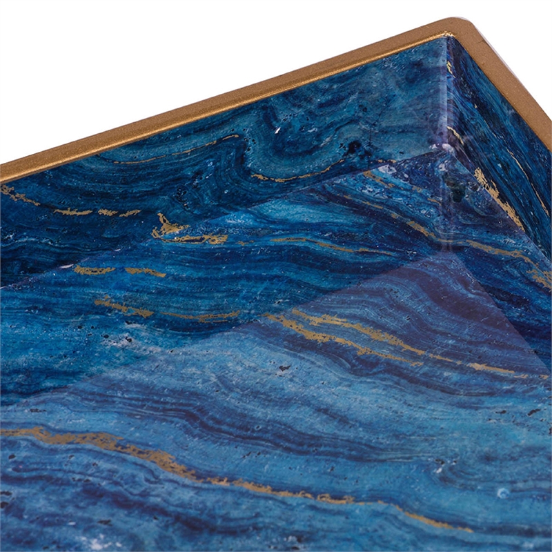 Decorative Serving Tray Set of 2- Cutout Handles- Blue Gold Faux Marble
