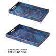 Decorative Serving Tray Set of 2- Cutout Handles- Blue Gold Faux Marble