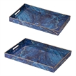 Decorative Serving Tray Set of 2- Cutout Handles- Blue Gold Faux Marble