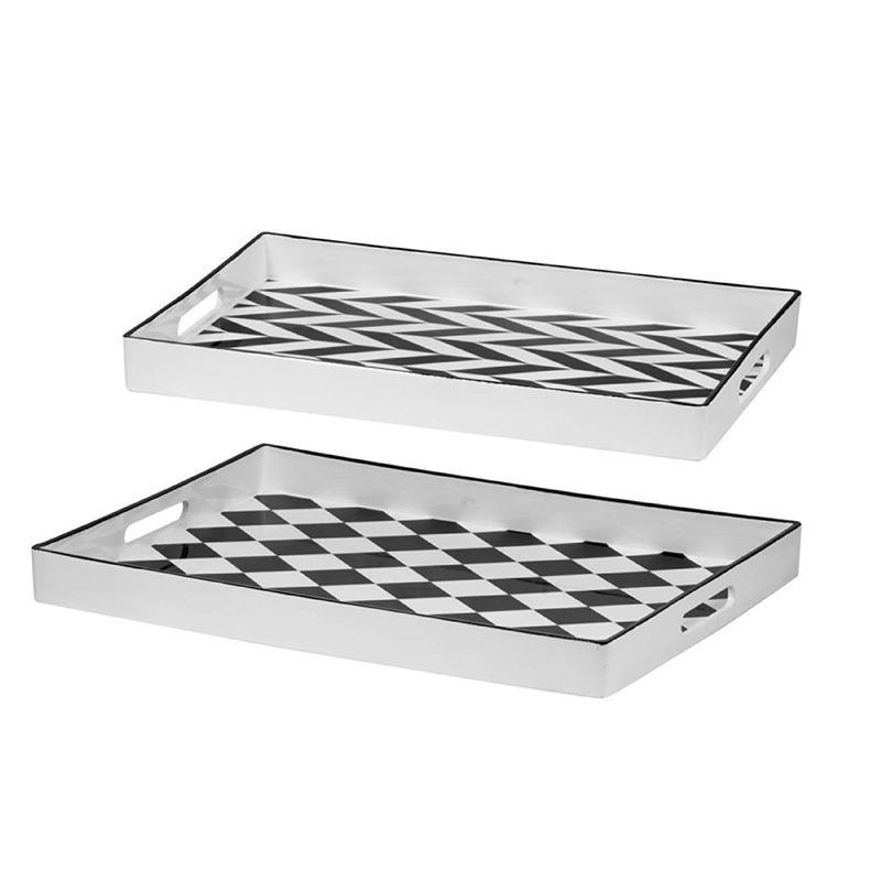 Set of 2 Serving Trays- Black and White Checkered and Chevron Pattern