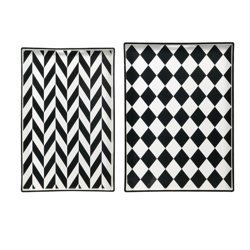 Set of 2 Serving Trays- Black and White Checkered and Chevron Pattern