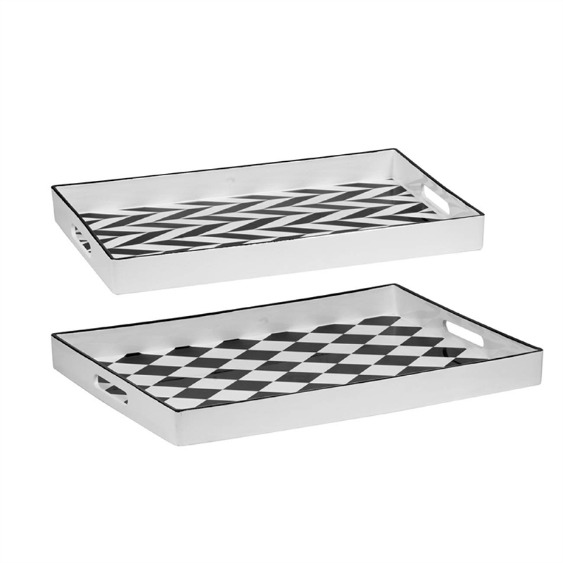 Set of 2 Serving Trays- Black and White Checkered and Chevron Pattern