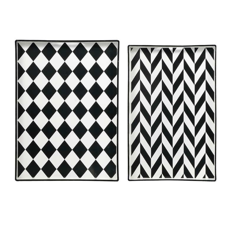 Set of 2 Serving Trays- Black and White Checkered and Chevron Pattern