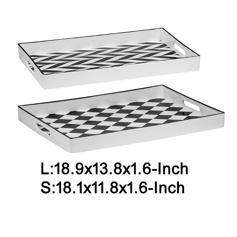 Set of 2 Serving Trays- Black and White Checkered and Chevron Pattern