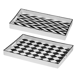 Set of 2 Serving Trays- Black and White Checkered and Chevron Pattern