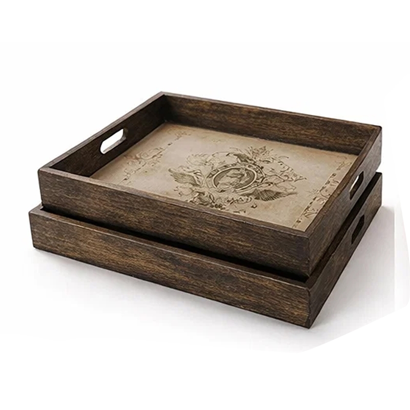 Decorative Serving Tray Set of 2- Vintage Emblem Design- Cream Brown