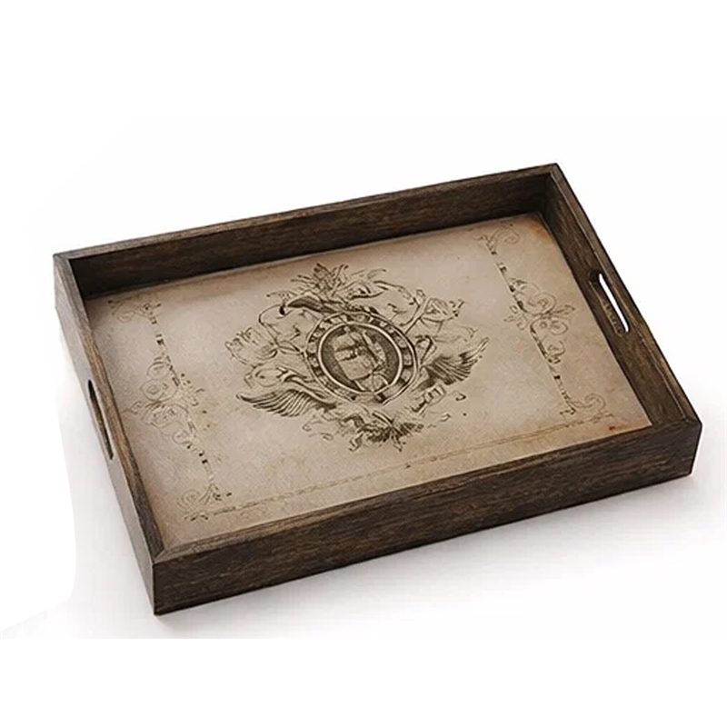 Decorative Serving Tray Set of 2- Vintage Emblem Design- Cream Brown