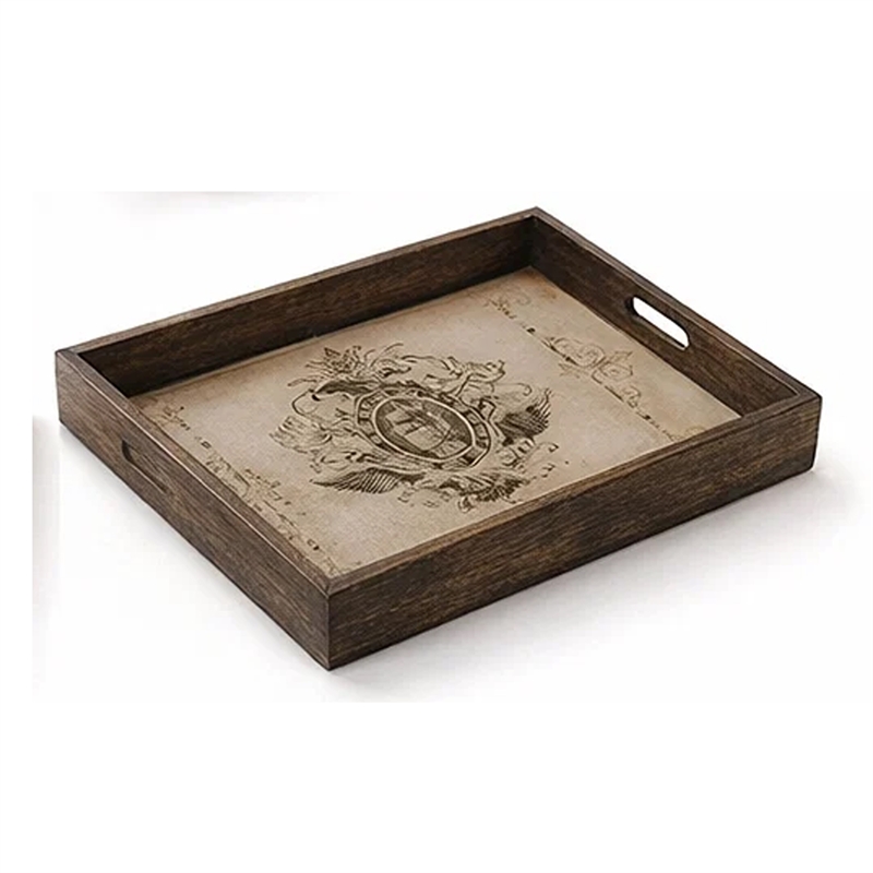 Decorative Serving Tray Set of 2- Vintage Emblem Design- Cream Brown