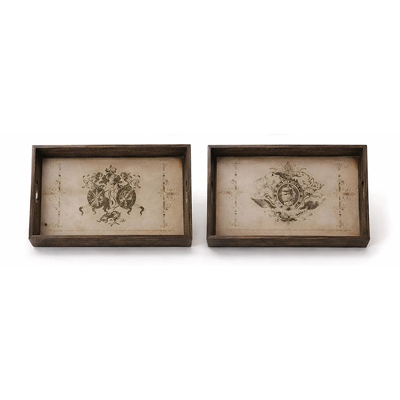 Decorative Serving Tray Set of 2- Vintage Emblem Design- Cream Brown