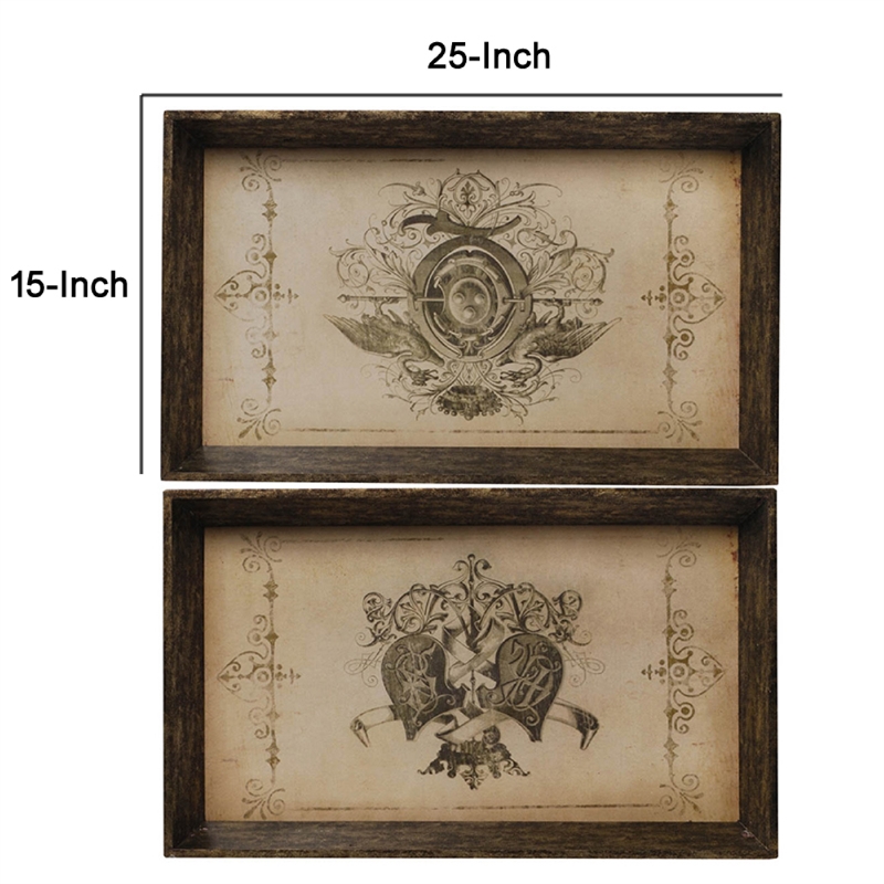 Decorative Serving Tray Set of 2- Vintage Emblem Design- Cream Brown