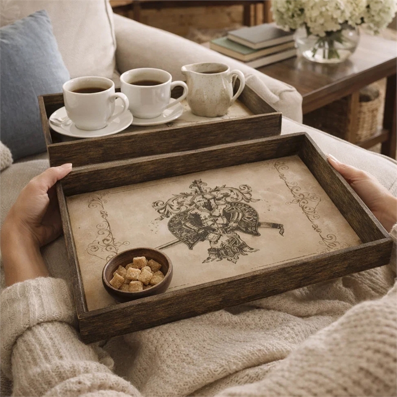 Decorative Serving Tray Set of 2- Vintage Emblem Design- Cream Brown