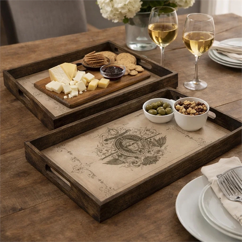 Decorative Serving Tray Set of 2- Vintage Emblem Design- Cream Brown