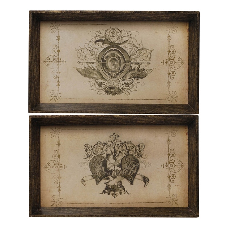 Decorative Serving Tray Set of 2- Vintage Emblem Design- Cream Brown