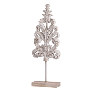 Awan Tabletop Decor- Leaf Scrollwork on Stand- White- Brown Wood- 26 Inch