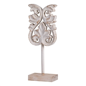 Awan Tabletop Decor- Fleur Scrollwork w Base Stand- White- Brown Wood 17 Inch