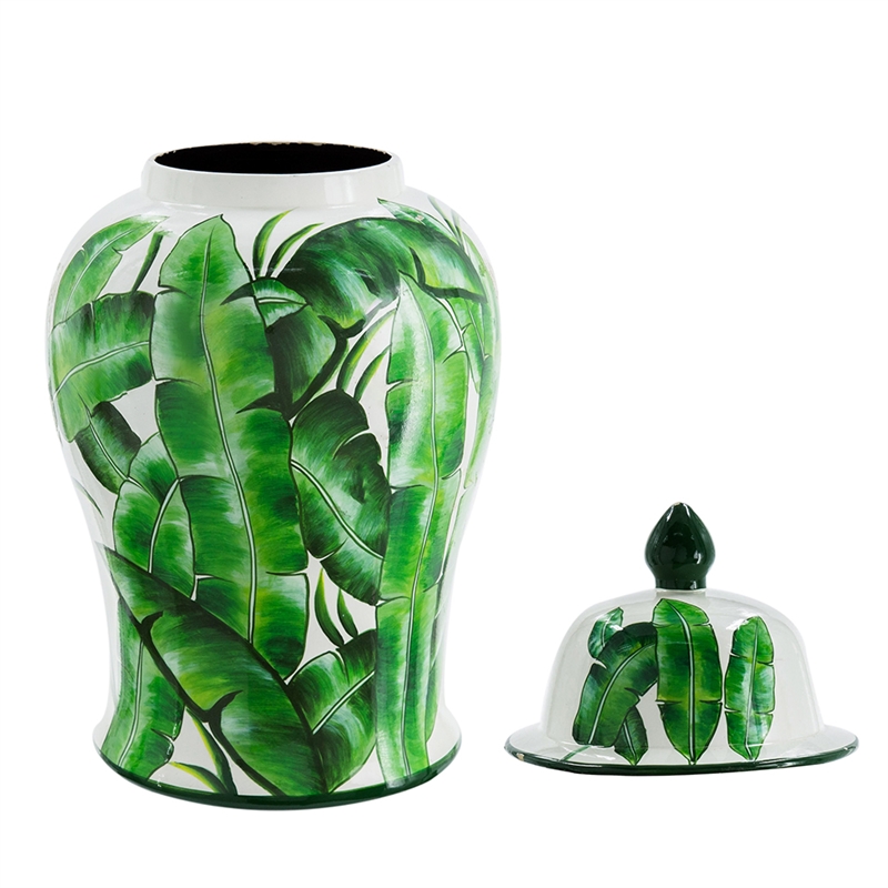 Jesu Temple Jar with Lid- White Green Palm Leaf Accent- 18 Inch Porcelain