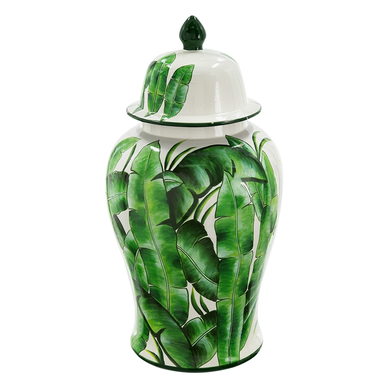 Jesu Temple Jar with Lid- White Green Palm Leaf Accent- 18 Inch Porcelain