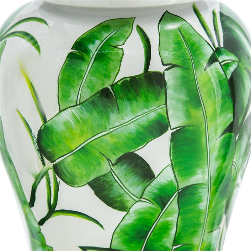 Jesu Temple Jar with Lid- White Green Palm Leaf Accent- 18 Inch Porcelain