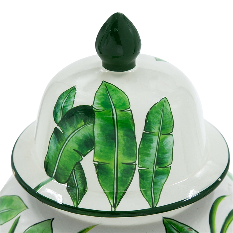 Jesu Temple Jar with Lid- White Green Palm Leaf Accent- 18 Inch Porcelain