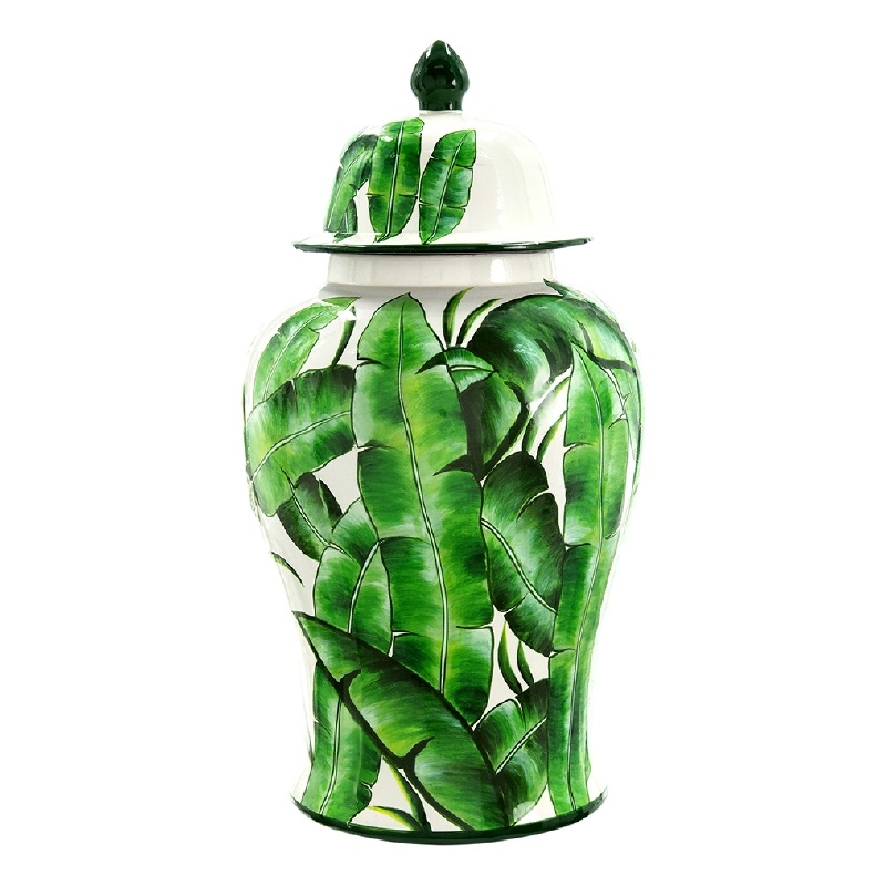 Jesu Temple Jar with Lid- White Green Palm Leaf Accent- 18 Inch Porcelain