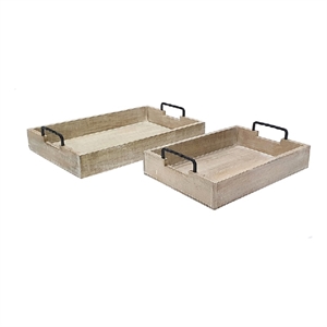 Rustic Accessory Tray Set of 2- Black Iron Handles- Natural Beige