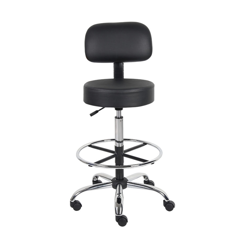 Fea Medical Drafting Stool- Black Vinyl- Low Back and Padded Seat- Chrome