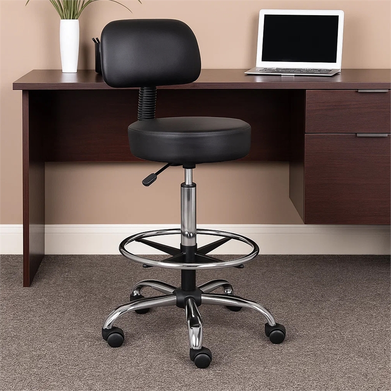 Fea Medical Drafting Stool- Black Vinyl- Low Back and Padded Seat- Chrome