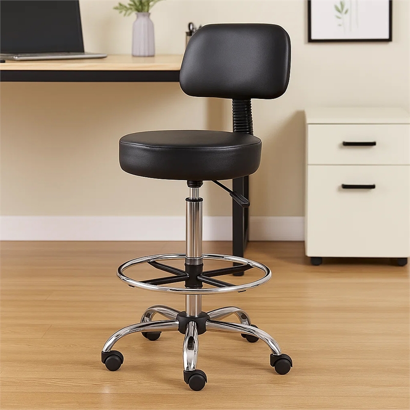 Fea Medical Drafting Stool- Black Vinyl- Low Back and Padded Seat- Chrome