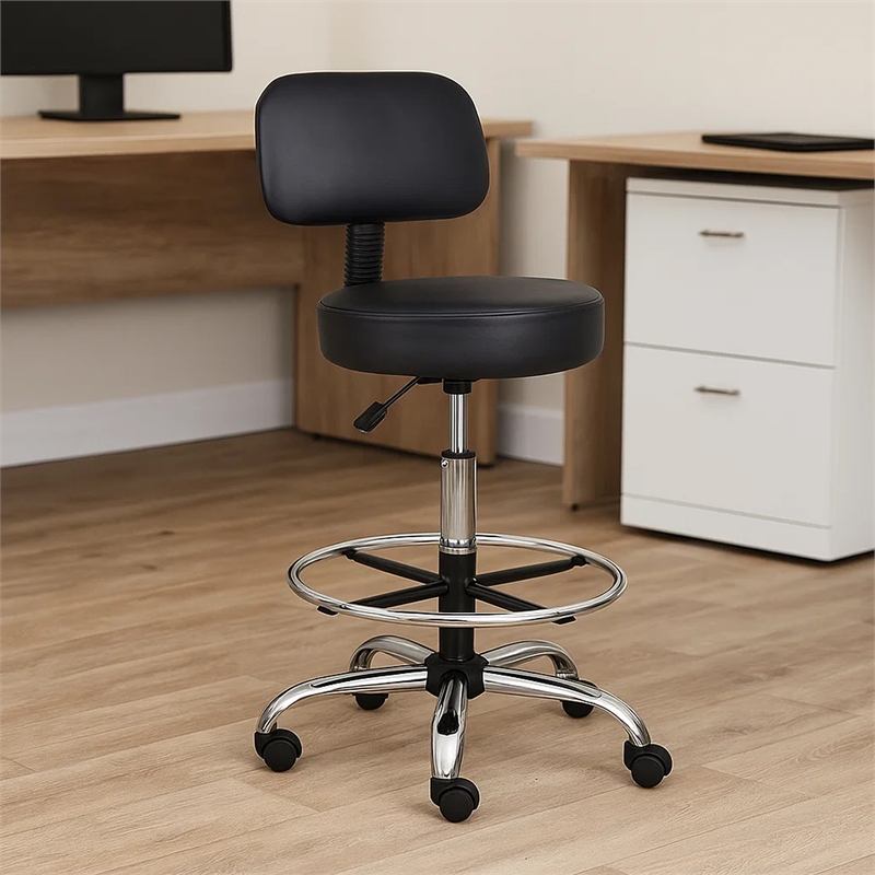 Fea Medical Drafting Stool- Black Vinyl- Low Back and Padded Seat- Chrome