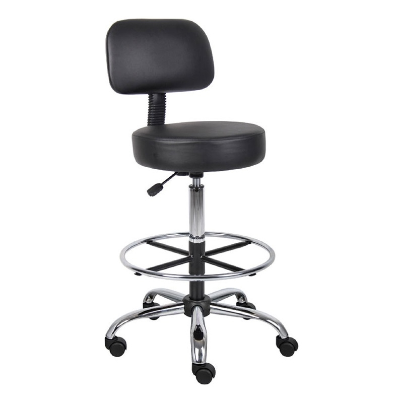 Fea Medical Drafting Stool- Black Vinyl- Low Back and Padded Seat- Chrome