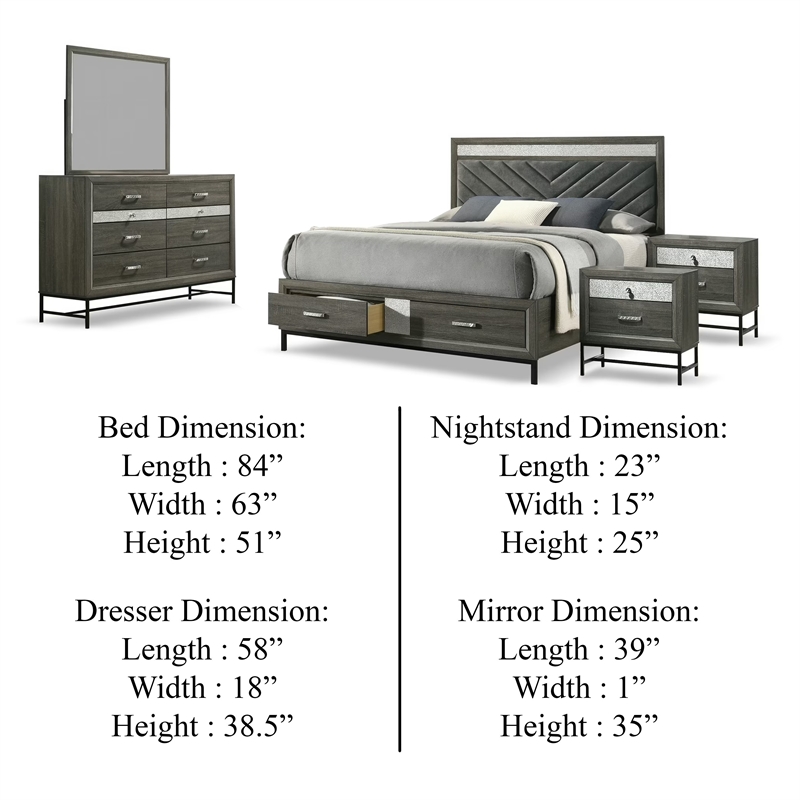 Lito 5pc Queen Bedroom Set- 2 Nightstands- Gray Upholstery- Storage Bed