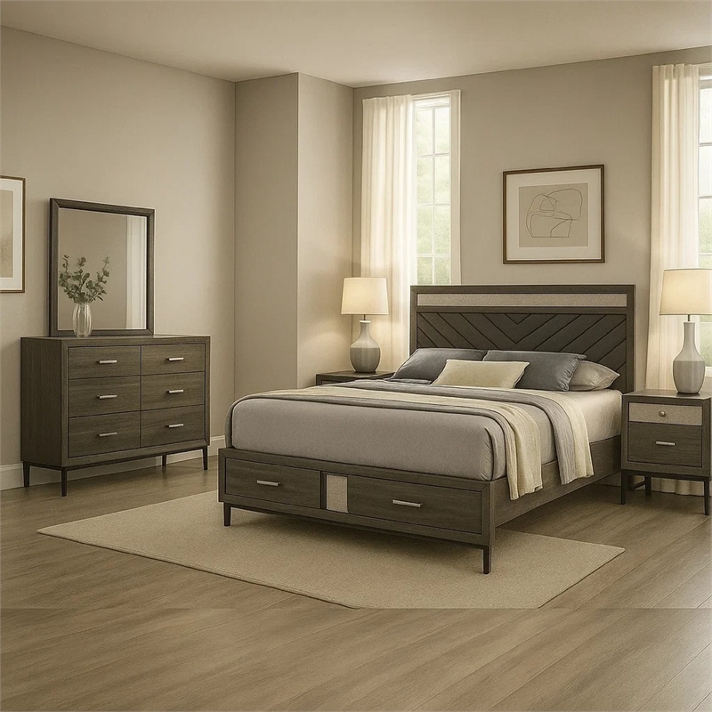 Lito 5pc Queen Bedroom Set- 2 Nightstands- Gray Upholstery- Storage Bed