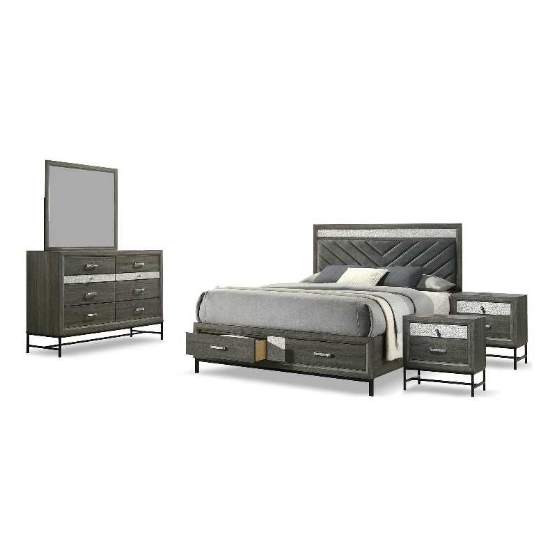 Lito 5pc Queen Bedroom Set- 2 Nightstands- Gray Upholstery- Storage Bed