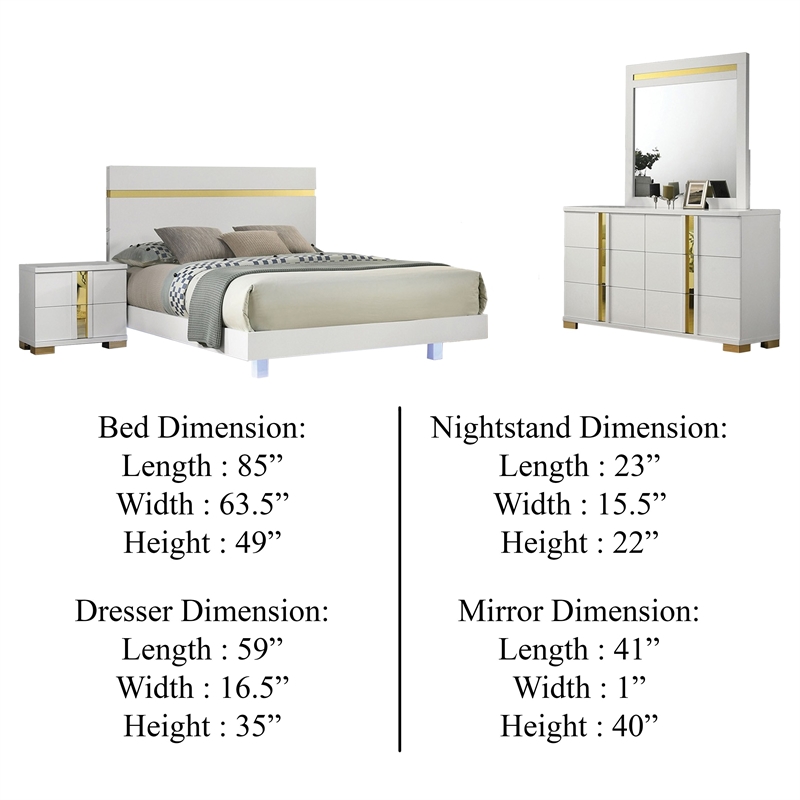Yoki 4pc Queen Bedroom Set w Underbed LED- White Wood and Gold Accents