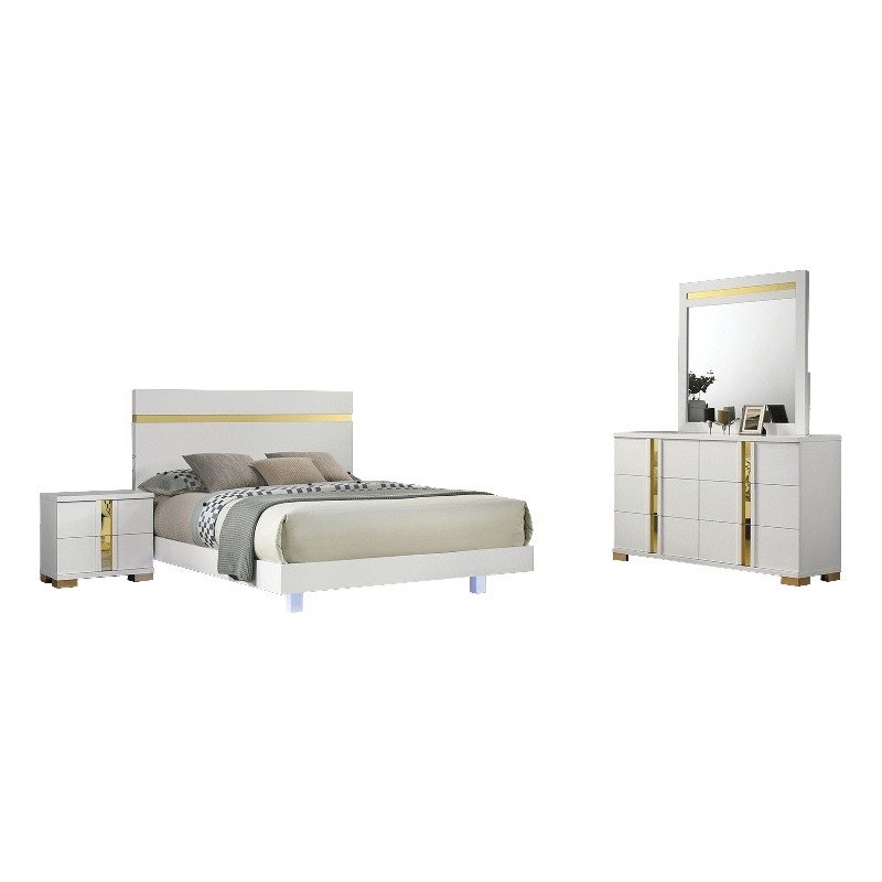 Yoki 4pc Queen Bedroom Set w Underbed LED- White Wood and Gold Accents