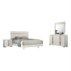 Yoki 4pc Queen Bedroom Set w Underbed LED- White Wood and Gold Accents