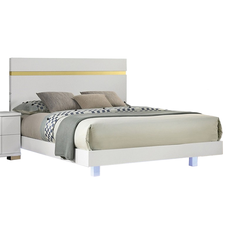 Yoki 5pc Queen Bedroom Set w Underbed LED- White and Gold- Tall Dresser