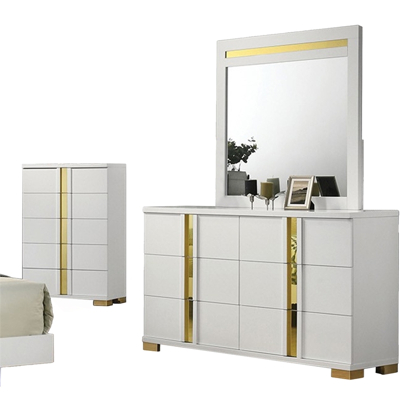 Yoki 5pc Queen Bedroom Set w Underbed LED- White and Gold- Tall Dresser