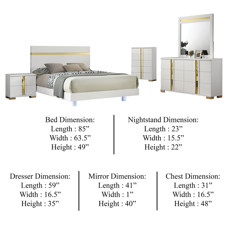 Yoki 5pc Queen Bedroom Set w Underbed LED- White and Gold- Tall Dresser