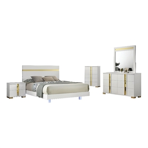Yoki 5pc Queen Bedroom Set w Underbed LED- White and Gold- Tall Dresser
