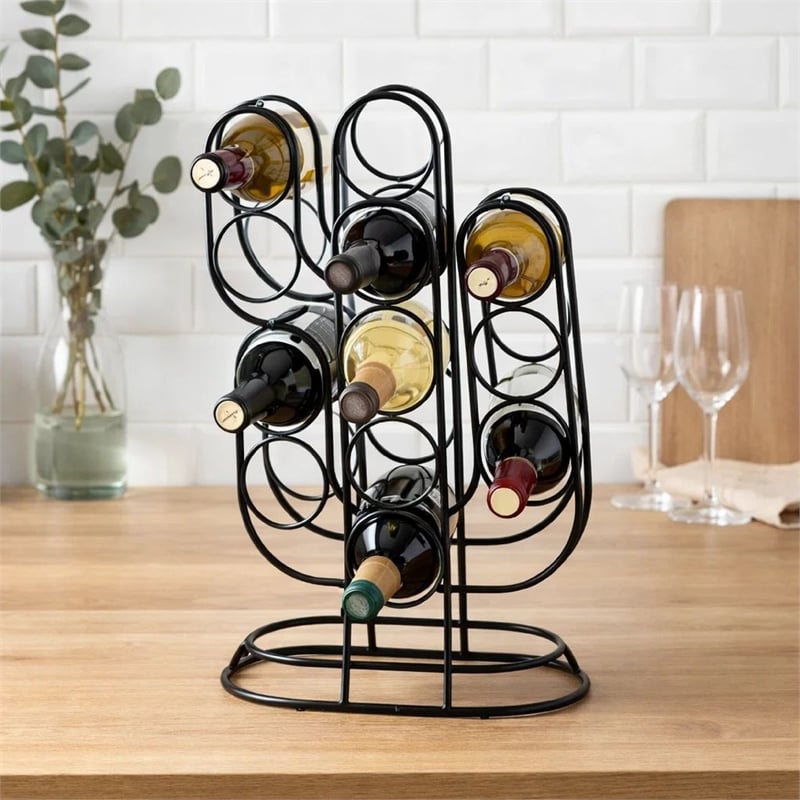 13 Bottles Countertop Wine Rack- 23 Inch- Cactus Shaped Black Metal
