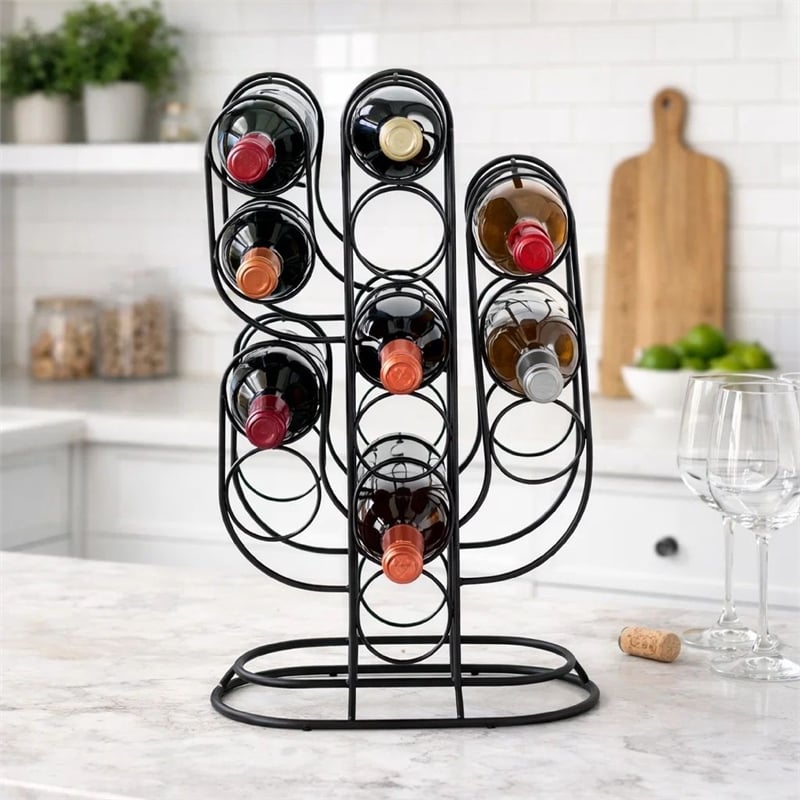 13 Bottles Countertop Wine Rack- 23 Inch- Cactus Shaped Black Metal