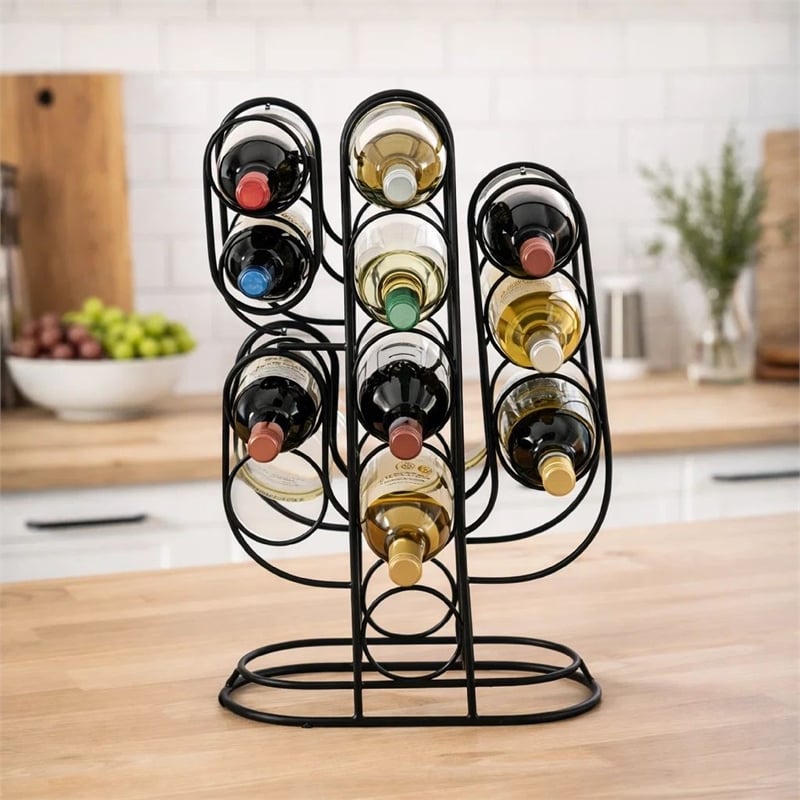 13 Bottles Countertop Wine Rack- 23 Inch- Cactus Shaped Black Metal