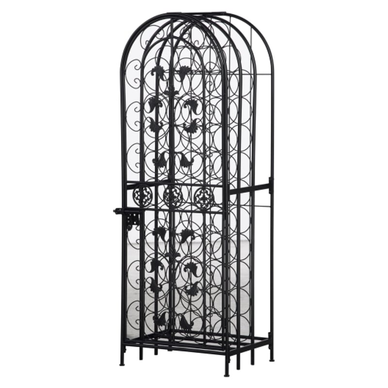 Homy Tall Wine Rack Cabinet with Lock- Holds 45 Bottles- Black Wrought Iron