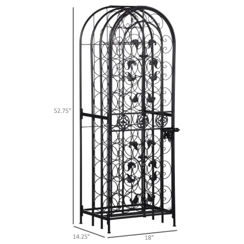 Homy Tall Wine Rack Cabinet with Lock- Holds 45 Bottles- Black Wrought Iron