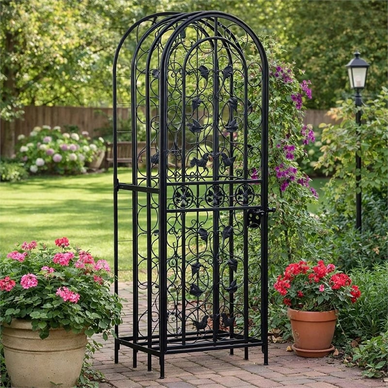 Homy Tall Wine Rack Cabinet with Lock- Holds 45 Bottles- Black Wrought Iron