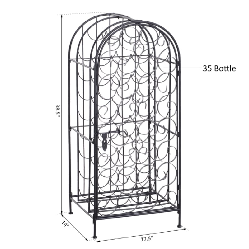 Homy Wine Rack Cabinet with Lock- Holds 35 Bottles- Black Wrought Iron